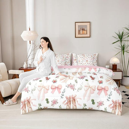 Feelyou Pink Flower 7 Piece Bedding Set Exquisite Dance Shoes Comforter Set with Sheets for Kids Boys Girls Gentle Bow Bed in a Bag Princess Style Bed Set Soft Lightweight