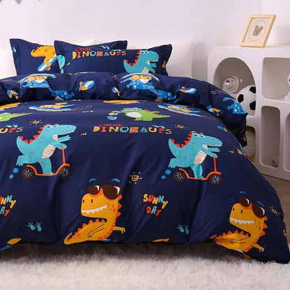 JSD Sports Dinosaur Kids Duvet Cover Set Twin Size, 2 Piece Cute Printed Microfiber Comforter Cover with Pillow Sham Zipper Closure, Comforter Not Included