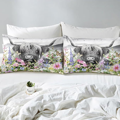 Highland Cow Duvet Cover Twin,Watercolor Flowers Cowhide Bedding Set for Kids Teens Girls Boys Room Decor,Rustic Farmhouse Comforter Cover Cute Animals Plants Quilt Cover with 1 Pillowcase