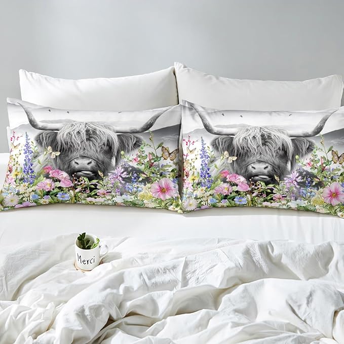 Highland Cow Bedding Set Full,Watercolor Flowers Cowhide Duvet Cover 3pcs for Kids Teens Girls Boys Room Decor,Rustic Farm Animals Plants Comforter Cover Vintage Nature Bedspread with 2 Pillowcases