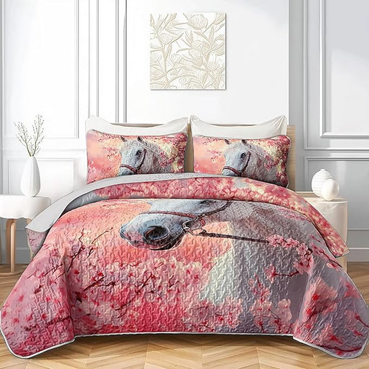 White Horse Quilts Bedding King 3Pcs Pink Chic Cherry Blossoms Bed Set Wild Animal Rustic Farmhouse Horse Pattern Bedspread Coverlet with 2 Pillowcases for Kid Boy Girl Teen Adult Room Decor