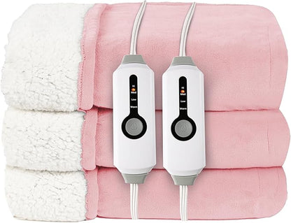 Electric Heated Blanket Queen Size 84"x90" - Coral Fleece & Sherpa Fabric Dual-Sided, 4 Heat Settings & 10 Hours Auto Off, Soft Warming Throw for Home, Office, or Bed, Machine Washable, Light Pink
