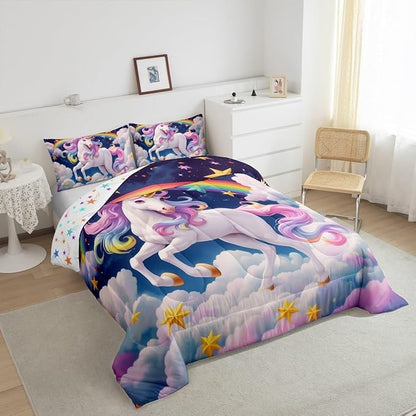 Castle Fairy Unicorn Kids Comforter Set Queen Size,Dreamy Wildlife Horse Animal Reversible Bedding Set for Girls Bedroom Decor Rainbow Stars Cloud Blue Galaxy Quilted Duvet,2 Pillowcases