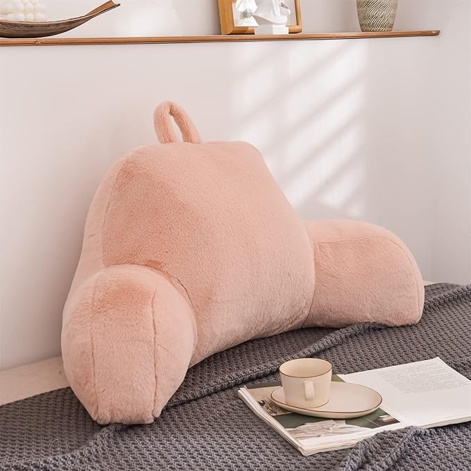 Aimuan Reading Pillow Bed Rest Pillow with Arms Rabbit Fur Back Pillow for Sitting up in Bed Adults Teens Incline Rest Sleeping Snoring with Pregnancy Lumbar Waist Support (Standard, Blush)