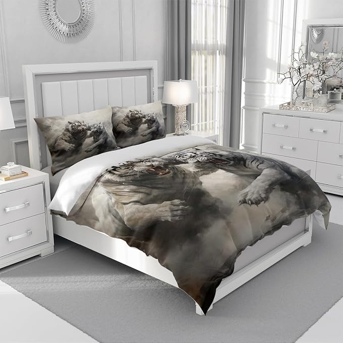 Cartoon Tiger Bed Sheets Twin Size with 1 Pillow Cases Standard Size, Fitted Flat Sheet for Kids Boys Teens Adult Bedroom Decor, Animal Bed Sheets Floral Petal Country Bedding Decor