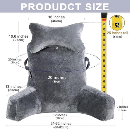 SLIGUY Reading Pillow-Bed Rest Pillow with Detachable Neck Roll & Support Arm for Sitting in Bed Couch or Floor-Backrest Reading Pillow Adult Back Pillow for Reading/Watching TV/Gaming,Dark Grey
