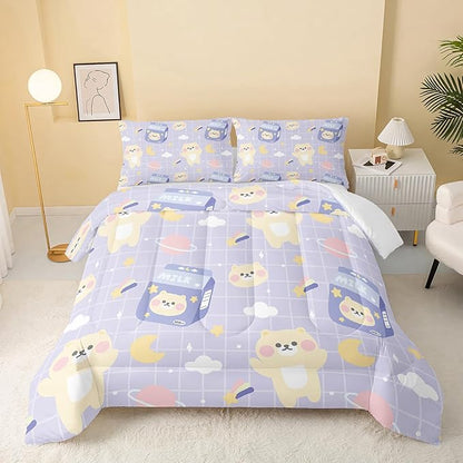 QOOMO Kawaii Bear Comforter Queen Size,Cartoon Bear Bedding Set for Kids Teens Girls,3Pcs Bedding Set Printed Comforter with 2 Pillowcases,Down Alternative,Soft and Lightweight，Queen Size