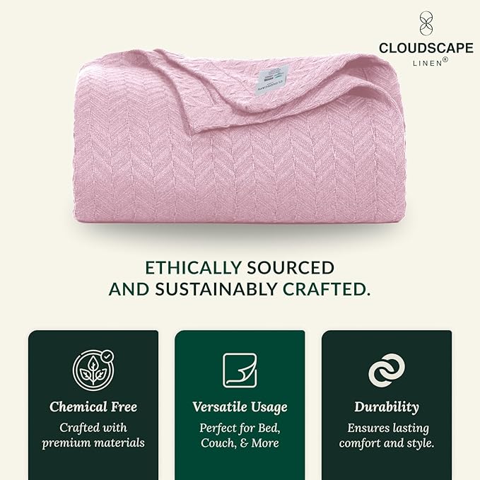 Cloud Scape Linen Herringbone Cotton Twin Blanket for Couch, Bed,Sofa, Home Decor, Soft, Weighted, All-Season, Winter Bed Blanket, Best Gift Idea, 68 x92, Seashell Pink