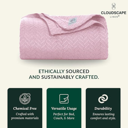 Cloud Scape Linen Herringbone Cotton Twin Blanket for Couch, Bed,Sofa, Home Decor, Soft, Weighted, All-Season, Winter Bed Blanket, Best Gift Idea, 68 x92, Seashell Pink