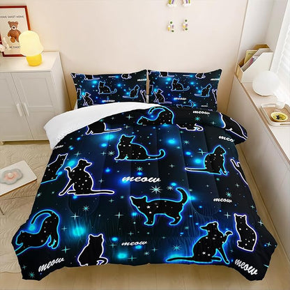 Kawaii Pet Cat Comforter 3Pcs Queen Gradient Line Cute Kitten Animal Bedding Set for Kids Teens Girls Boys Cat Glitter Polka Dots Pattern Quilt Bed Decor with 1 Comforter and 2 Pillowcases