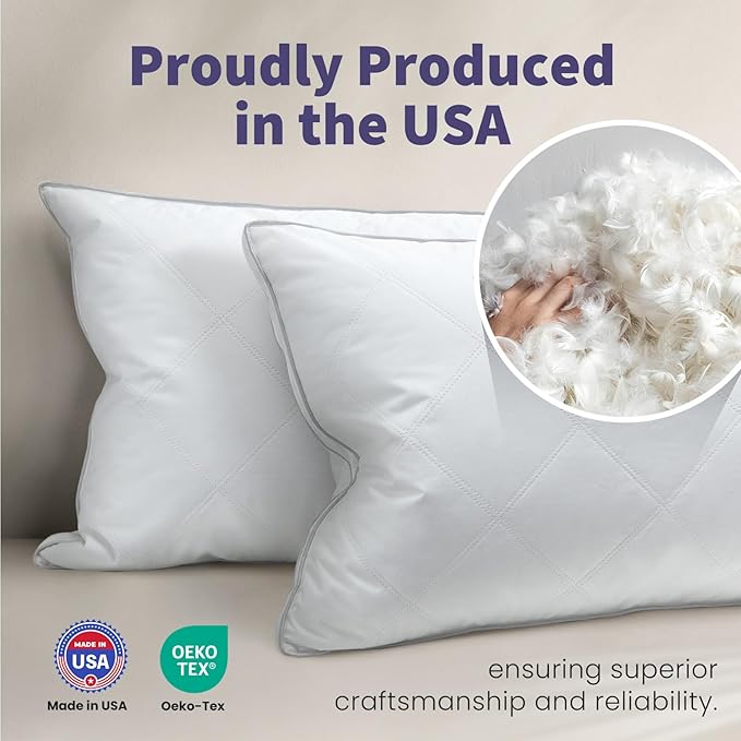 Dreamhood Luxury Goose Feather Down Pillow Queen Size Set of 2 - Made in USA Gusseted Hotel Bed Pillows with Premium 500 TC Cotton, Medium Firm Feather Down Pillow for Back