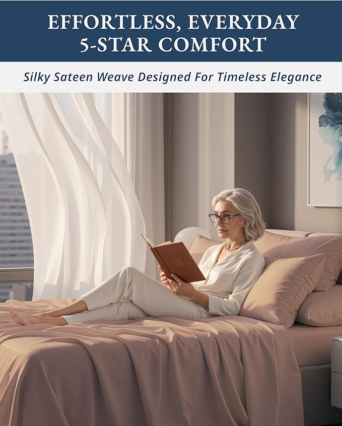 LANE LINEN Luxury 100% Egyptian Cotton Bed Sheets Twin Size, Fully Elasticized Reinforced 15 Inch Extra Deep Pocket Twin Sheets, Soft & Comfy Sateen Weave for Silky Finish - Sepia Rose