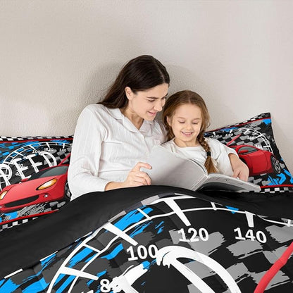 Feelyou Boys Race Car Bedding Set Cool Race Sports Car Set Comforter Set for Kids Boys Sports Theme Duvet Set Checkered Comforter Red 1 Comforter Set with 2 Pillowcases Full Size