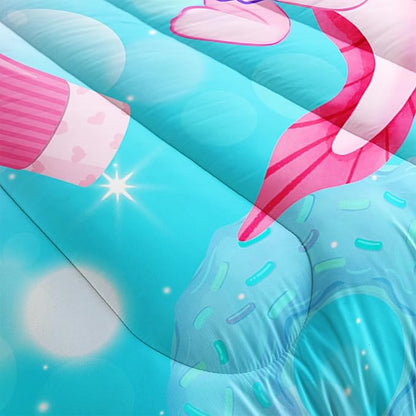 Cartoon Axolotl Comforter Set, King Size, Kawaii Bedding Set with Milk Tea Donut Stars Pattern, Pink Animal Themed Comforter Set with 2 Pillowcases
