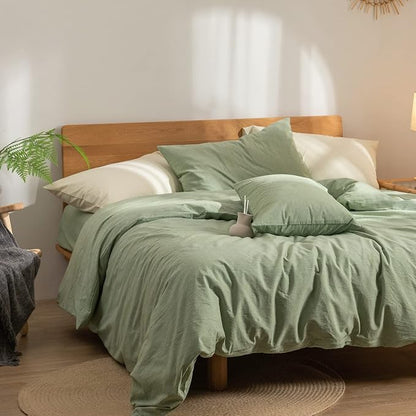 Green Duvet Cover King, 100% Washed Cotton Linen Like Textured Solid Casual Modern Style Sage Green Bedding Set, with Zipper Closure, Luxury Soft Relaxed Feel Natural Wrinkled Comfy (3pcs, King)
