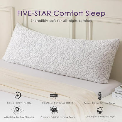 Shredded Memory Foam Full Body Pillow - Cooling Removable Bamboo Rayon Cover + Extra Gel Foam, Soft-Firm Adjustable for Adults, Oeko & CertiPUR-US Standard, 20x54 Inch, 1 Pack