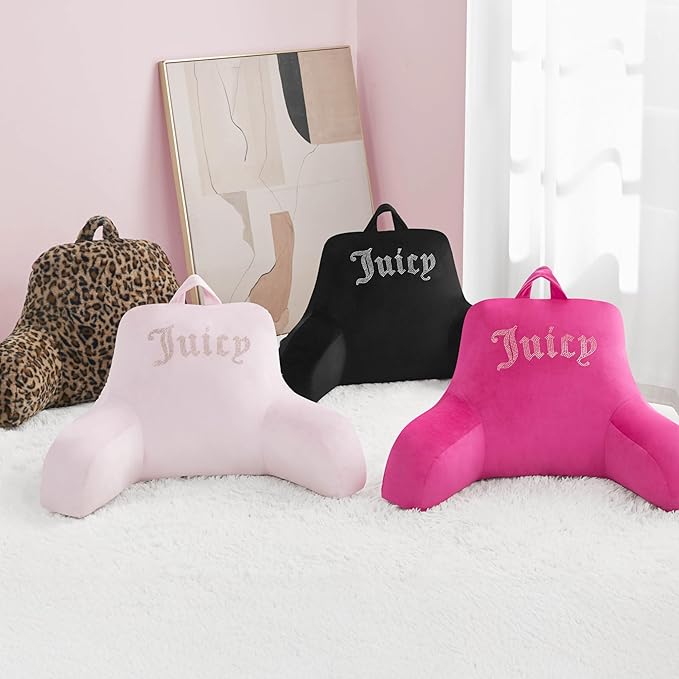 Juicy Couture Velour Backrest Pillow with Rhinestone Juicy Logo - 30"x17", Hot Pink Supportive Bed Rest Pillow for Reading, Gaming, or Relaxing