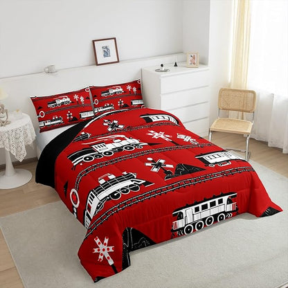 Erosebridal Boys Train Full Comforter Set Cartoon Car Toddler Bedding, Traffic Transportation Track Comforter for Kids Teens Vintage Steam Engine Railway Decor Quilt Set Room 3Pcs, Red White Black