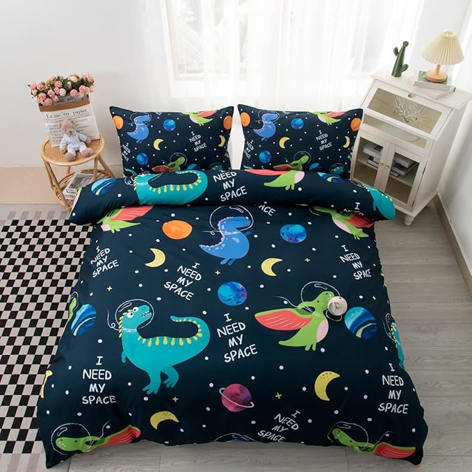 CVHOUSE Dinosaur Bedding Twin Size, Space Dinosaur Bedding Set for Boys, Kids & Teens - 1 Duvet Cover, 2 Pillowcases, Boy's Bedroom Decor