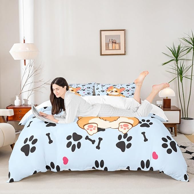 Cute Corgi Duvet Cover Set King Size,Cartoon Dog Footprint Bones Bedding Set 3pcs for Kids Boys Girls Room Decor,Smiling Doggy Comforter Cover Family Paw Quilt Cover with 2 Pillowcases,Blue