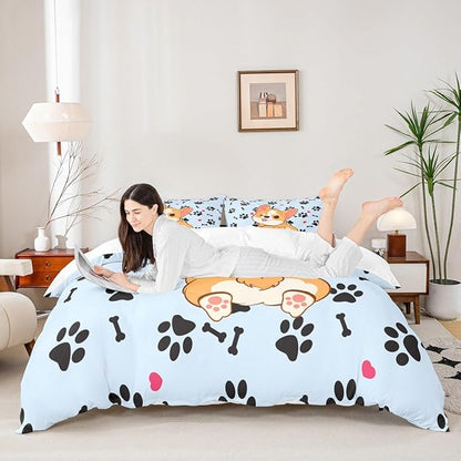Castle Fairy Cute Corgi Bedding Set Queen Size,Cartoon Dog Footprint Bones Duvet Cover Sets 3pcs Kids Boys Girls Room Decor,Smiling Doggy Comter Cover Family Pet Quilt Cover,2 Pillowcases