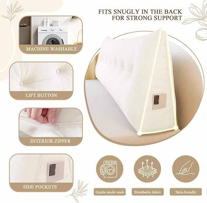 Headboard Pillow King, Large Triangular Wedge Headboard Pillow for Reading and Resting, Backrest Positioning Support Pillow with Removable Cover (Cream)