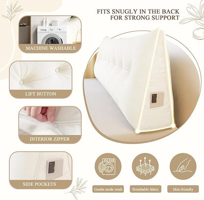 Headboard Pillow King, Large Triangular Wedge Headboard Pillow for Reading and Resting, Backrest Positioning Support Pillow with Removable Cover (Cream)