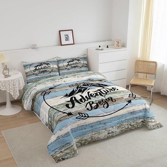 Castle Fairy Happy Camping Full Size Comforter Set Blue Plank Bedding Set for Kids Adults Teens Mountain Printed Comforter Luxury Country Style Quilt Set Room Decor 3Pcs