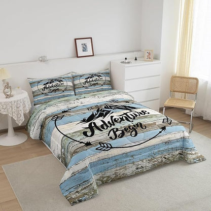 Castle Fairy Happy Camping Full Size Comforter Set Blue Plank Bedding Set for Kids Adults Teens Mountain Printed Comforter Luxury Country Style Quilt Set Room Decor 3Pcs
