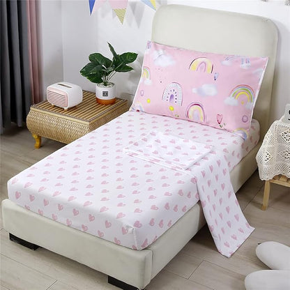 URBONUR 4-Piece Toddler Bedding Set - Ultra Soft Colorful Rainbow Cloud Pink Girls Toddler Comforter Set - Include Comforter, Flat Sheet, Fitted Sheet and Reversible Pillowcase