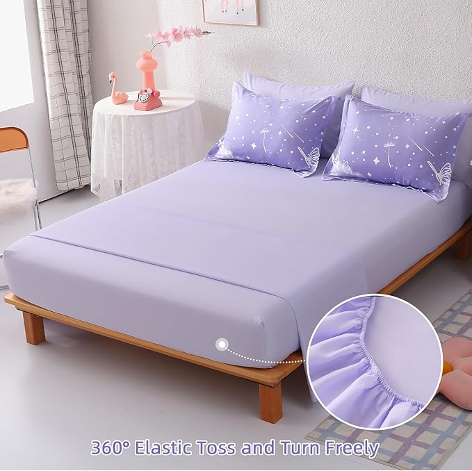 Menghomeus Girls Comforter Set Full Size 7 Pieces Bed in A Bag Ombre Purple Bedding Set Dandelion Butterfly Print Kids Bedding Collections