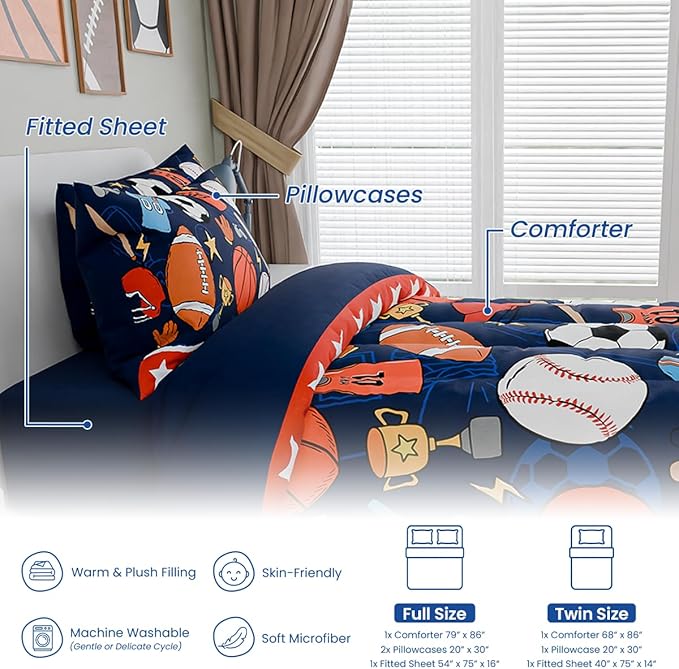 SANDJEST Sports Bedding Sets for Boys, Ultra Soft Microfiber Comforter Bed Set with 3-Pieces, Comforters Sets for Kids Children Boy Bedroom Decor