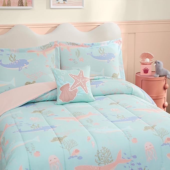 Full Size Comforter Set for Girls-4 Pieces Ocean Animals Glow in The Dark Full Bedding Sets for Kids, 1 Comforter, 2 Shams and 1 Decor Pillow