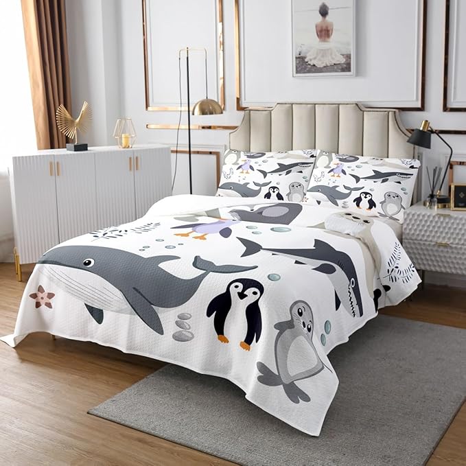 Erosebridal Sea Animal Theme Bedspread Queen Size Shark Coverlet Set,Penguin Polar Animal Bedding Set Cartoon Sea Lion Quilt Set for Boys Girls,Bird Starfish Bedroom Decor Plain White