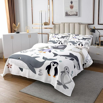 Erosebridal Shark Bedspread King Size Penguin Coverlet Set,Polar Bird Animal Bedding Set Whale Fish Quilt Set for Child Youth,Sealife Underwater World Bedroom Decor Plain White