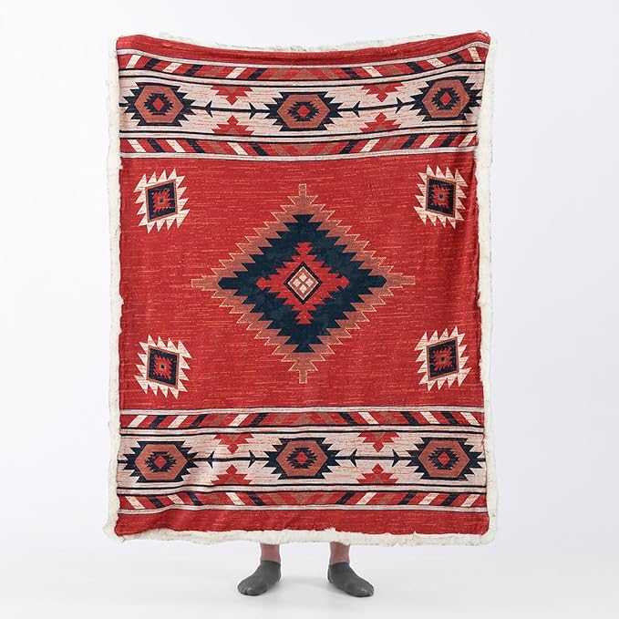Luxury Plush Faux Fur Throw Blanket with Aztec Pattern, Super Warm, Fuzzy, Elegant, Fluffy Decoration Blanket for Couch, Armchair, Sofa and Bed, 60''x 80'', Red