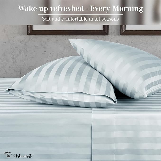 URBANHUT 1000 Thread Count Damask Striped Twin Size Egyptian Cotton Sheets, Long Staple Soft & Breathable, 4 Pc Bed Sheet Sets, Luxury Hotel Sateen Sheets Fits 16" Deep Pocket - Light Blue