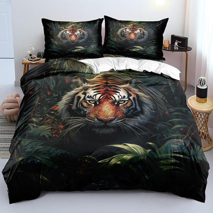 Tiger Bed Sheets Twin Size with A Pillow Cases Standard Size,Black Tiger Print Sheet Set for Kids Boys Girls Gorgeous Animal Skin Bedroom Decor, Animal Fitted Flat Sheet