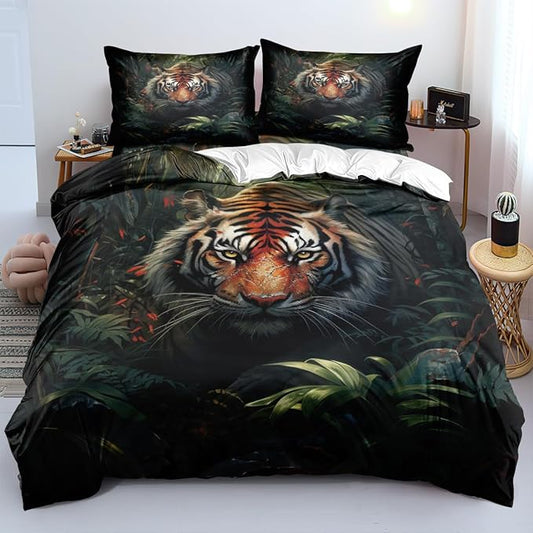 Tiger Bed Sheets King Size with A Pillow Cases Standard Size,Black Tiger Print Sheet Set for Kids Boys Girls Gorgeous Animal Skin Bedroom Decor, Animal Fitted Flat Sheet
