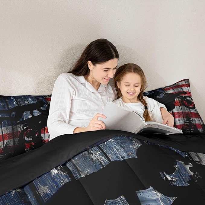 American Flag Comforter Set Queen Size Boys Dirt Bike Racing Motocross Rider Bedding Set Kids Teens Men Rustic Farmhouse Wooden Quilt Set Retro Black Pine Tree Silhouette Duvet Insert 3pcs
