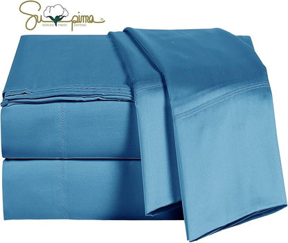 100 Supima Cotton Sheets 600 Thread Count,Bed Sheet Set Queen Sheets 4 Pieces,Soft & Silky Sateen Weave, Fits Mattress Up to 18'',Deep Pocket, Breathable & Fade Resistant (Peacock Blue, Queen)