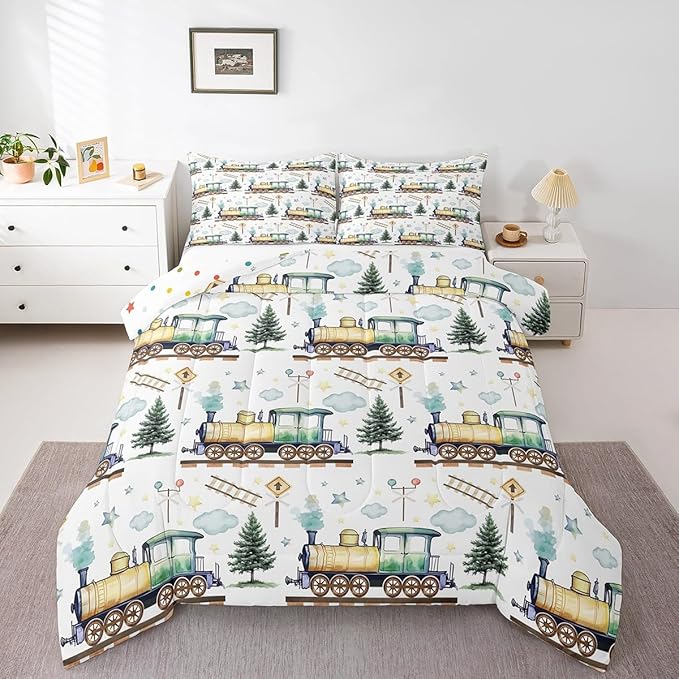 Erosebridal Watercolor Green Train King Comforter Set Kids Cartoon Railway Bedding for Boys Toddler Gift, Cute Clouds Stars Transportation Theme Duvet Set with 2 Pillow Cases
