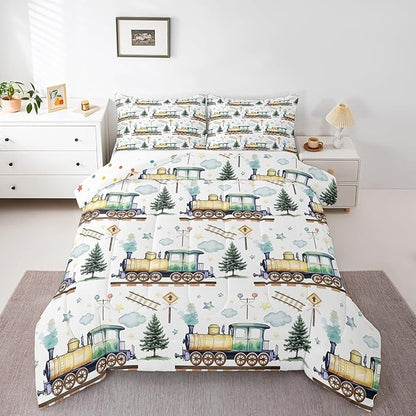 Erosebridal Watercolor Green Train King Comforter Set Kids Cartoon Railway Bedding for Boys Toddler Gift, Cute Clouds Stars Transportation Theme Duvet Set with 2 Pillow Cases