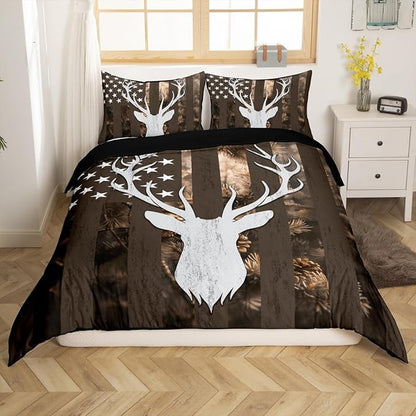 Camo American Flag Duvet Cover Queen Size, Brown Deer and Trees Silhouette Natural Style Bedding Comforter with 2 Pillowcases, 3pcs National Flag Camouflage Bedding Set for Children Adult