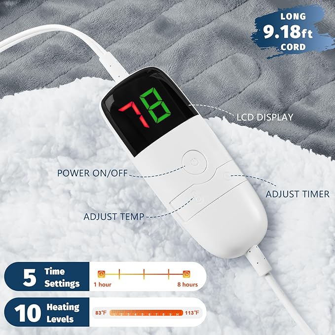 BOMOVA Heated Electric Blanket Full Size - 72" x 84" Heating Blanket with 10 Heating Levels & 8 Hours Auto Off, Warm Flannel Blanket, Christmas Birthday Gifts for Women