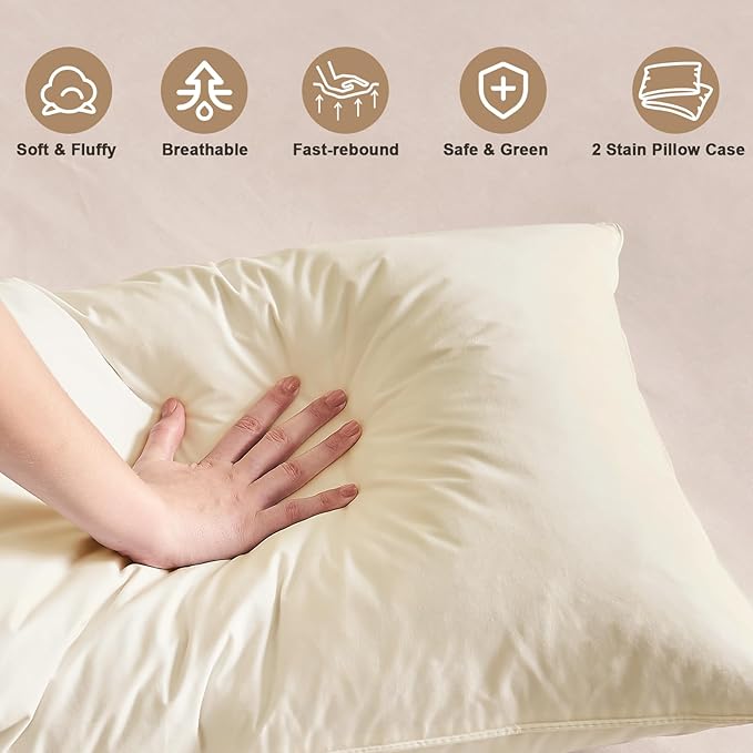 BHZ Beige Satin Goose Down Feather Pillows King Size Set of 2 with Pillowcase for Hair and Skin, Cooling Pillow Cases Similar to Silk Pillow Cases, Decorative for Women, Mom Men