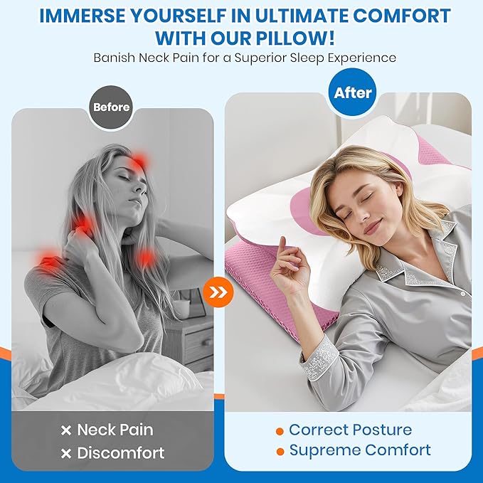 Cervical Neck Pillow for Sleeping, Memory Foam Side Sleeper Pillow, Ergonomic Pillows for Neck Pain Relief, Shoulder Support Pillows for Side Back Stomach Sleepers (Pink, King Size)