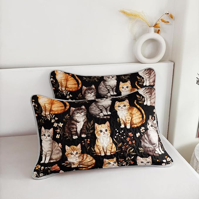 Kawaii Cat Quilt Set,Orange Grey Cat Pattern Bed Set for Toddler Kids Girls Room Decor,Colorful Flowers Printed Bedding Queen Quilted Sets with 2 Pillowcases.