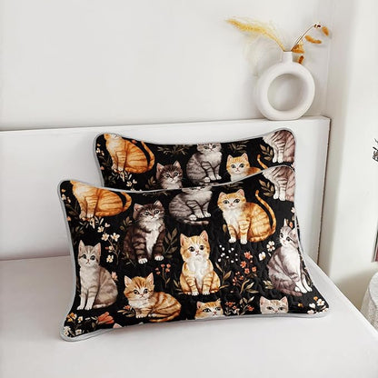 Kawaii Cat Quilt Set,Orange Grey Cat Pattern Bed Set for Toddler Kids Girls Room Decor,Colorful Flowers Printed Bedding Queen Quilted Sets with 2 Pillowcases.