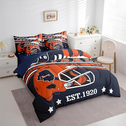 American Football City Helmet Bedding Sets Full, 3D Sports Football Game Comforter Orange Navy Football Comforter + Flat Sheet + Fitted Sheet + 2 Pillowcases + 2 Throw Pillow Covers (Chicago)
